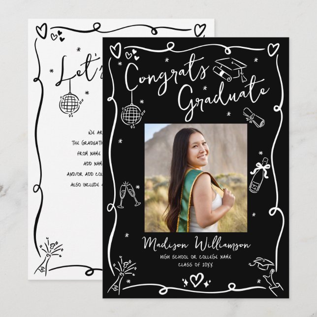 Black White Hand Drawn Doodle Style Graduate Photo Announcement (Front/Back)