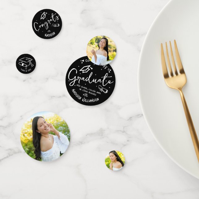 Black White Hand Drawn Doodles Graduation 3 Photo Confetti (Group)
