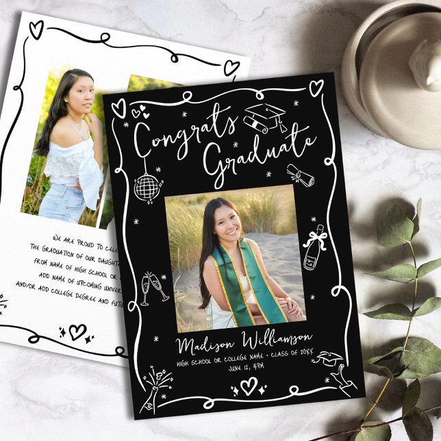 Black White Hand Drawn Doodles Graduation 4 Photo Announcement (Creator Uploaded)