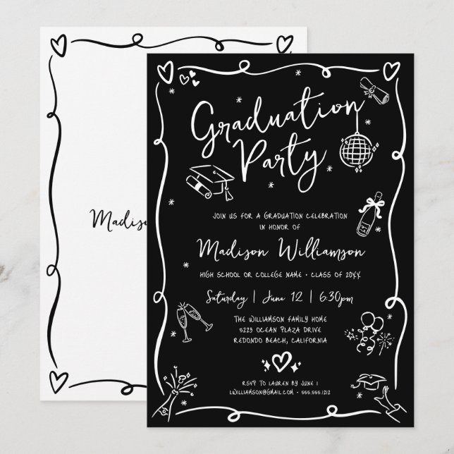 Black White Hand Drawn Doodles Graduation Party Invitation (Front/Back)