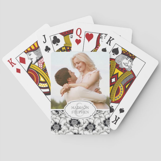 Black & White Hand Drawn Floral - Wedding Photo Poker Cards (Back)