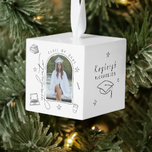 Black White Hand Drawn Graduation Photo Block Cube Ornament