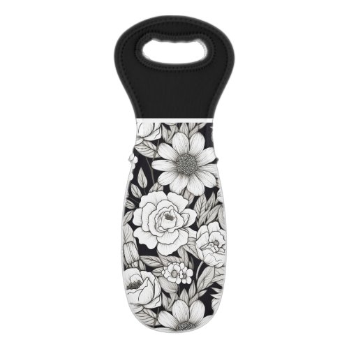 Black White Hand Drawn Line Art Flowers Wine Bag