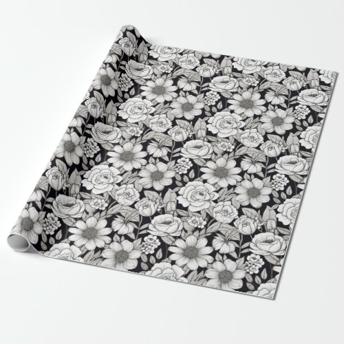 Black White Hand Drawn Line Art Flowers Wrapping Paper