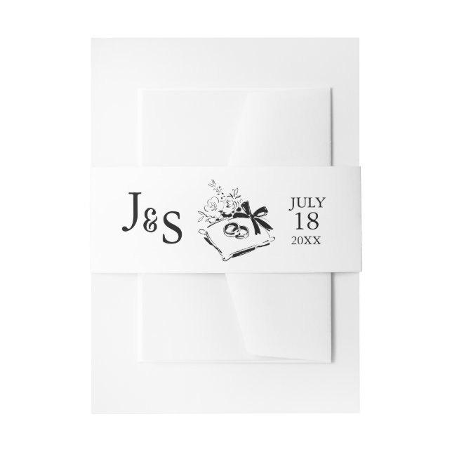 Black & White Hand Drawn Monogram Wedding Invitation Belly Band (Front Example)