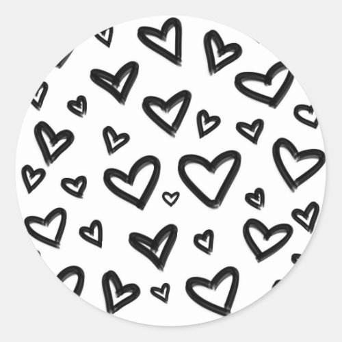 Black  White Hand_Drawn Painted Doodle Hearts Classic Round Sticker