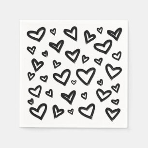 Black & White Hand-Drawn Painted Doodle Hearts Napkins