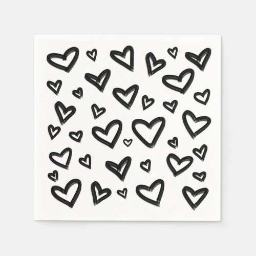 Black  White Hand_Drawn Painted Doodle Hearts Napkins
