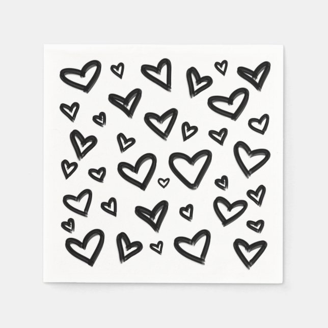 Black & White Hand-Drawn Painted Doodle Hearts Napkins (Front)