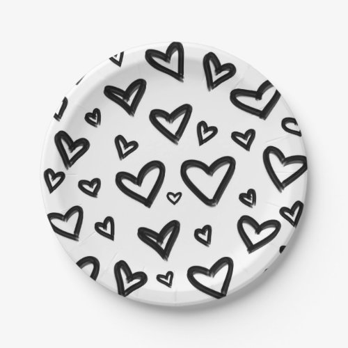 Black  White Hand_Drawn Painted Doodle Hearts Paper Plates