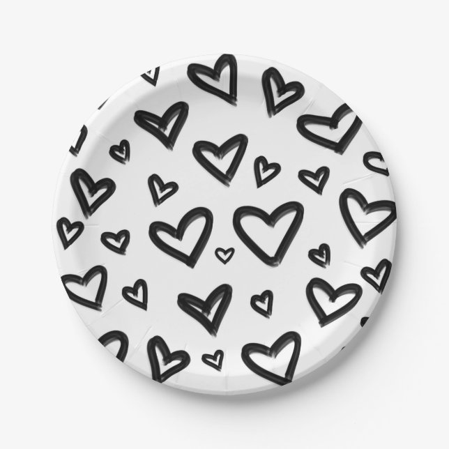 Black & White Hand-Drawn Painted Doodle Hearts Paper Plates (Front)