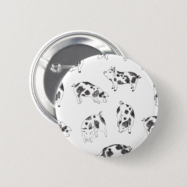 Black & white hand drawn pig cow spots pattern button (Front & Back)