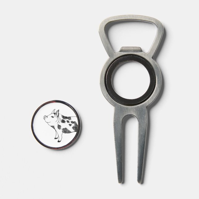 Black & white hand drawn pig cow spots pattern divot tool (Front (Open))