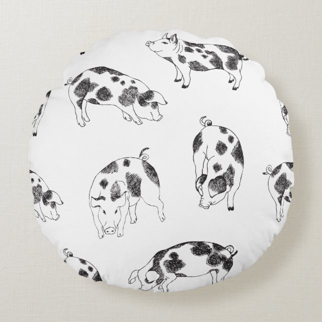 Black & white hand drawn pig cow spots pattern round pillow (Front)