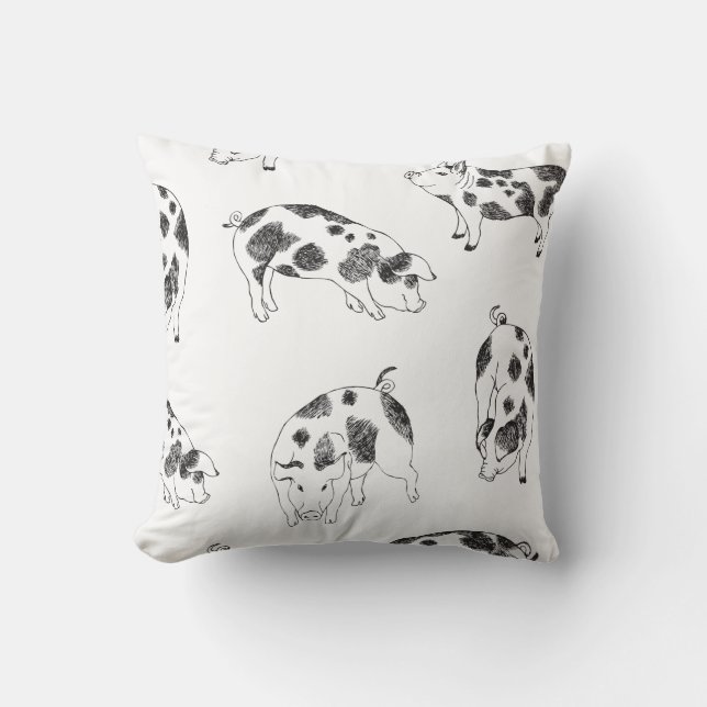 Black & white hand drawn pig cow spots pattern throw pillow (Front)
