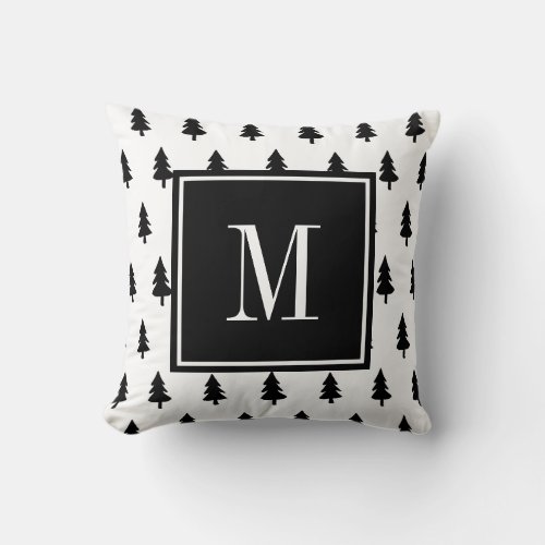 Black white hand drawn pine tree minimal MONOGRAM Throw Pillow