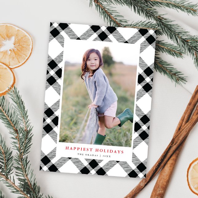 Black & White Hand-Drawn Plaid Christmas Photo Holiday Card (Creator Uploaded)