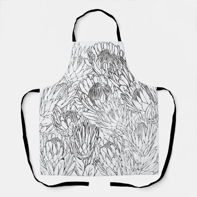Black & White Hand drawn Protea Apron (Front)