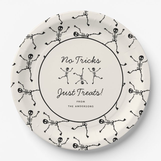 Black & White Hand Drawn Skeleton Halloween  Paper Plates (Front)