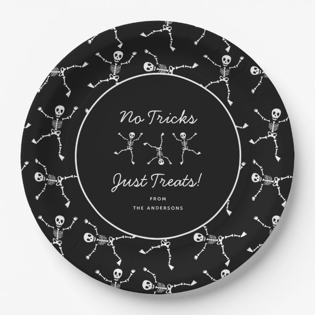 Black & White Hand Drawn Skeleton Halloween  Paper Plates (Front)