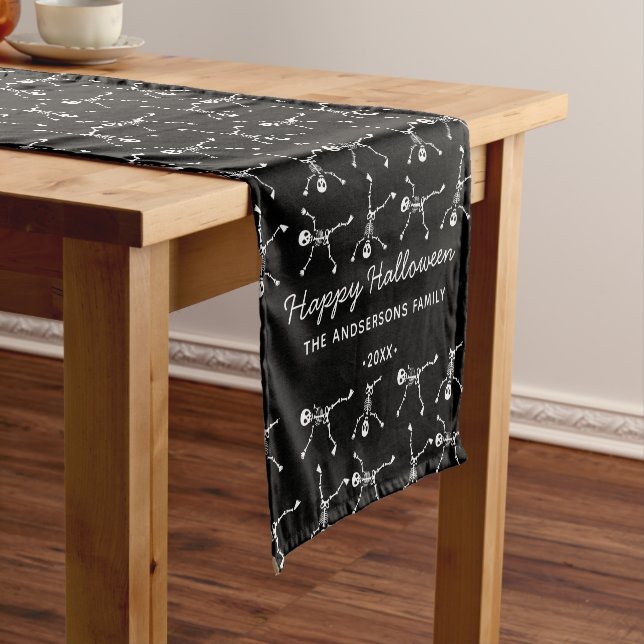 Black & White Hand Drawn Skeleton Halloween  Short Table Runner (In Situ)