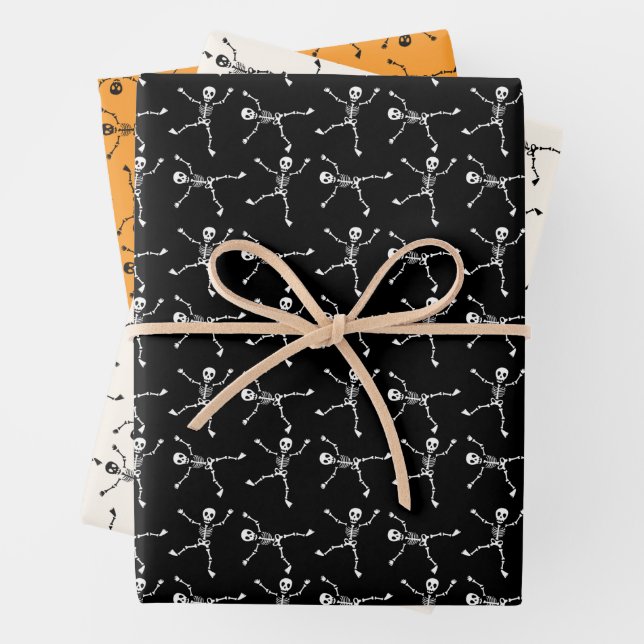 Black & White Hand Drawn Skeleton Halloween  Wrapping Paper Sheets (In situ)