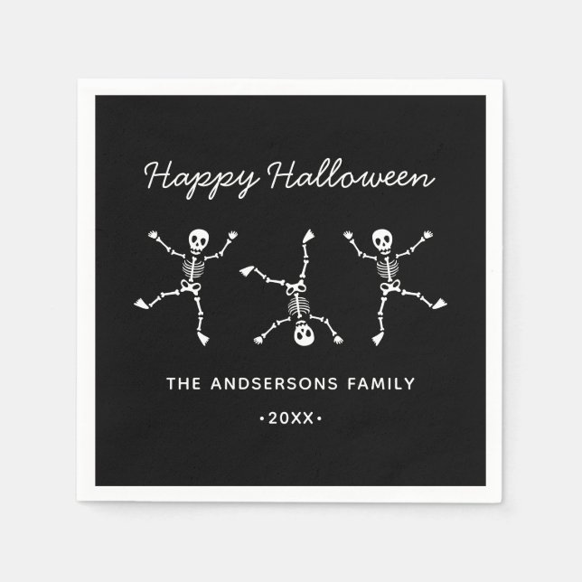 Black & White Hand Drawn Skeleton Happy Halloween Napkins (Front)