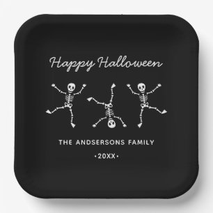 Black & White Hand Drawn Skeleton Happy Halloween Paper Plates