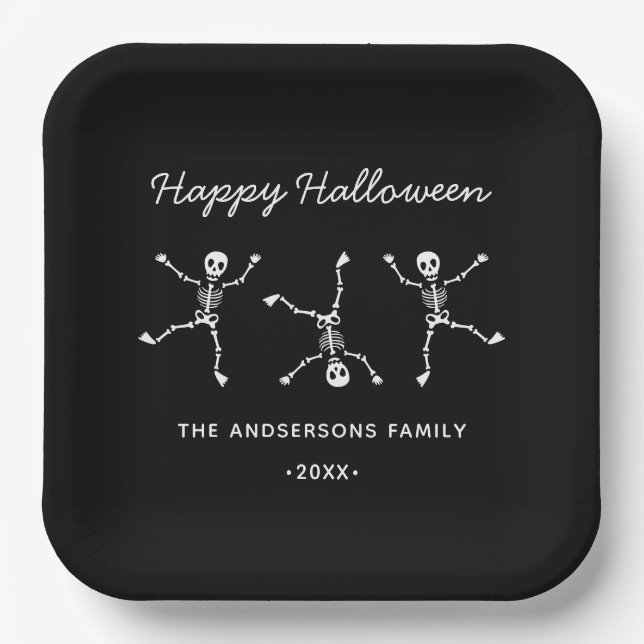 Black & White Hand Drawn Skeleton Happy Halloween Paper Plates (Front)