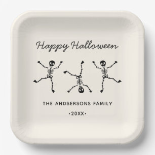 Black & White Hand Drawn Skeleton Happy Halloween Paper Plates