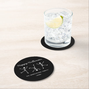 Black & White Hand Drawn Skeleton Happy Halloween Round Paper Coaster