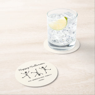 Black & White Hand Drawn Skeleton Happy Halloween Round Paper Coaster