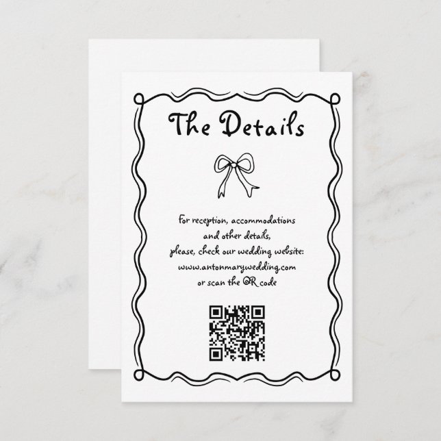 Black, white Hand drawn squiggle whimsical wedding Enclosure Card (Front/Back)