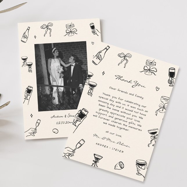 Black White Hand Drawn Wedding Save the Date Photo Thank You Card (Creator Uploaded)