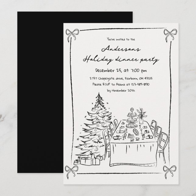 Black & White Hand Drawn Xmas Holiday Party  Invitation (Front/Back)