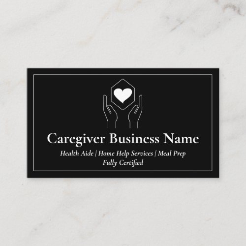 Black White Hand Heart Minimal Caregiver Business Card