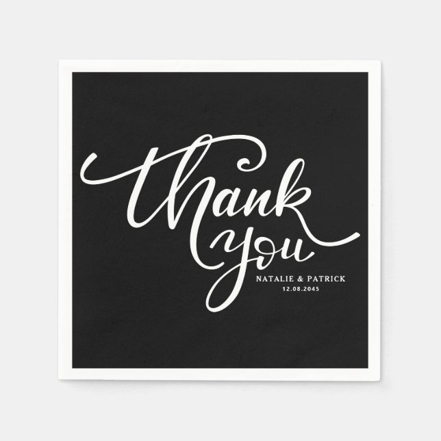 Black & White Hand Lettered Wedding Thank You Paper Napkins (Front)