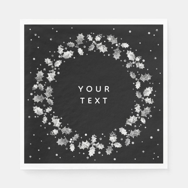 Black + White Hand Printed Holly Wreath Christmas Napkins (Front)