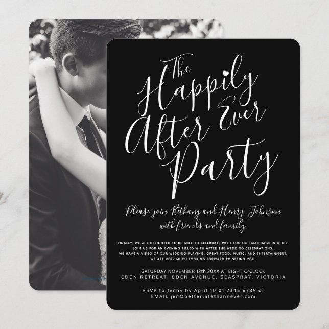 Black white happily ever after wedding party invitation (Front/Back)