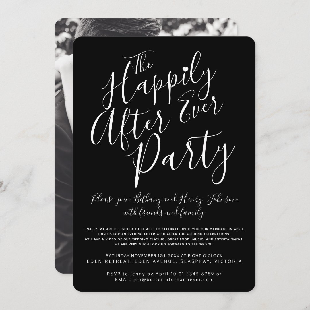 Black white happily ever after wedding party invitation | Zazzle