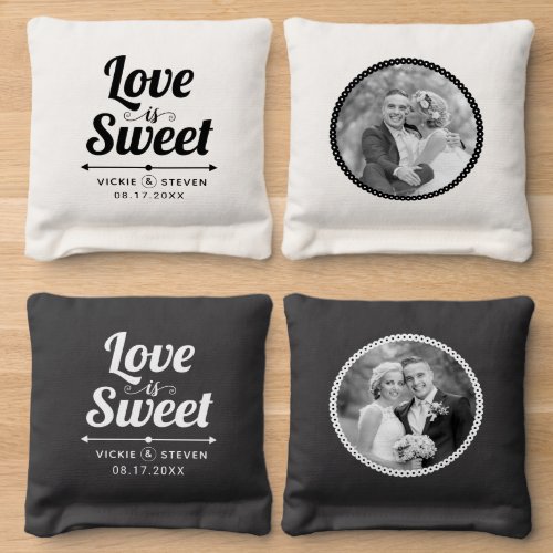 Black white happily Love is sweet wedding photo Cornhole Bags