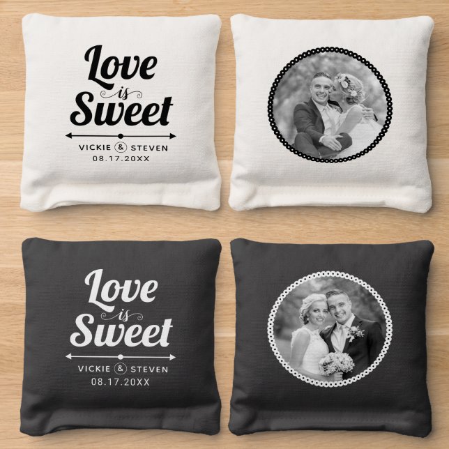 Black, white happily Love is sweet wedding photo Cornhole Bags (Wood)