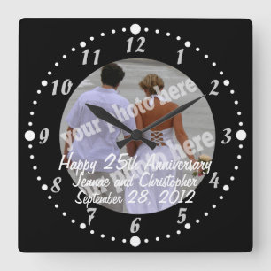 Black White Happy Anniversary Photo Clock Square