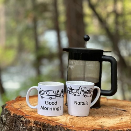 Black  White Happy Campers Personalized Latte Mug