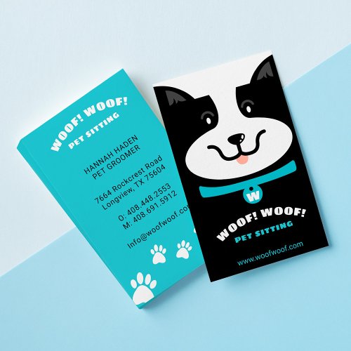 Black  White Happy Dog Pet Sitting  Grooming Business Card