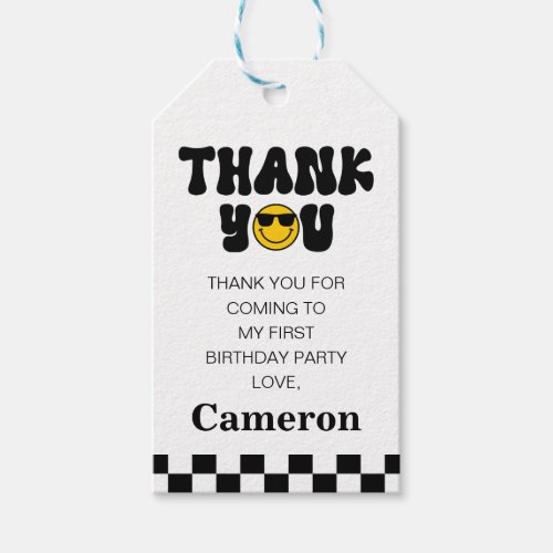 Black White Happy Dude 1st Birthday Thank You Gift Tags