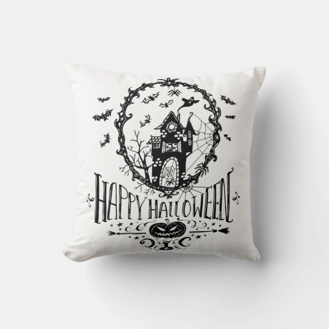 Black & White Happy Halloween Pillow (Front)