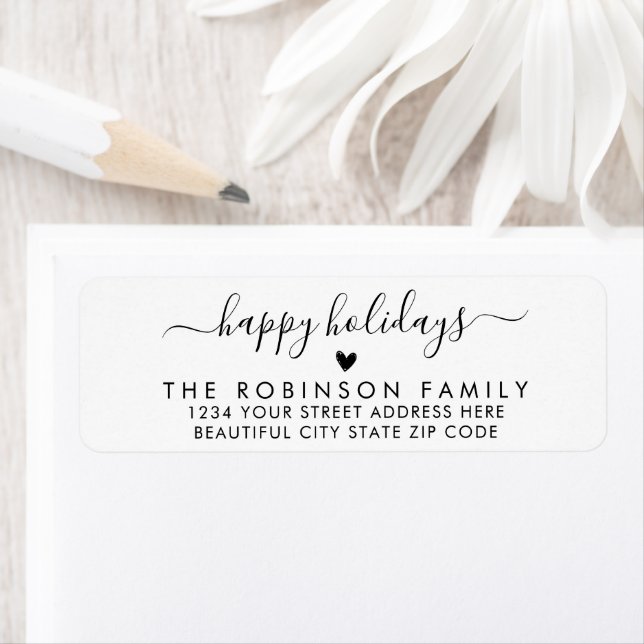 Black White Happy Holidays Script Return Address Label (Insitu)