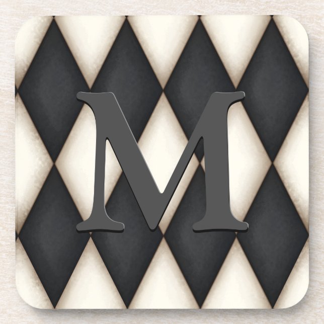 Black & White Harlequin Check Elegant 3-D Monogram Beverage Coaster (Front)