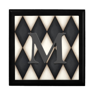 Black & White Harlequin Check Elegant 3-D Monogram Gift Box